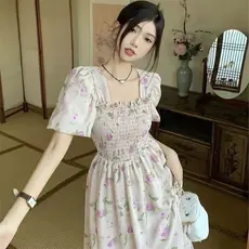 Verão Plus Size irmã gorda M roupas femininas pescoço quadrado doce capa barriga Floral manga curta cintura estreita ele