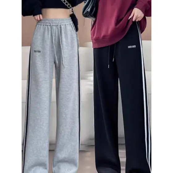 Pequeno cinza Casual calças esportivas femininas 2025 outono inverno forro de lã cintura alta solta em linha reta calças