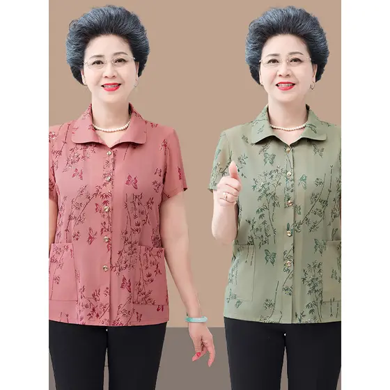 Camisas de manga curta para mulheres idosas de meia-idade roupas da mãe verão lapela fina ouro seda impressa topos Gran
