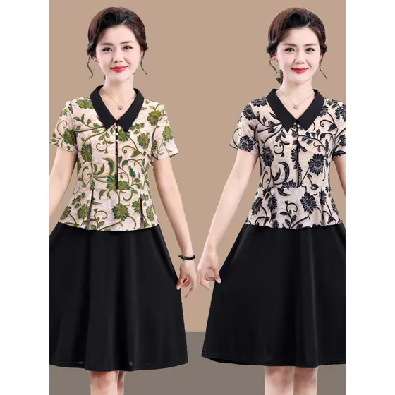 Vestido de manga curta de verão para mulheres idosas de meia-idade Floral saia de comprimento médio mãe verão meados de