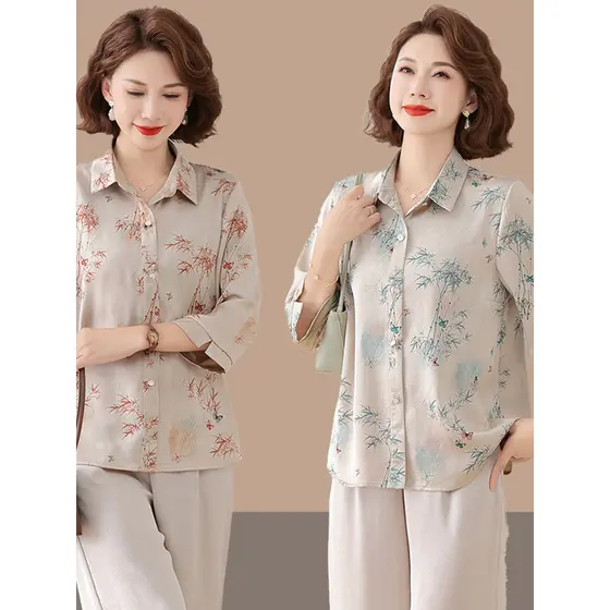 2026 novo estilo mãe usar vestido de verão camisa de manga de três quartos de meia-idade senhoras idosas elegante camisa