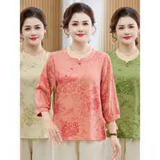 Camisa feminina estilo chinês Jacquard manga três quartos em torno do pescoço camisa pequena meia-idade idosa mãe roupas
