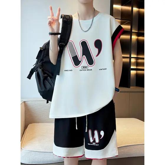 Juventude Casual esportes terno verão fino Shorts de manga curta terno de duas peças na moda sem mangas combinando um co