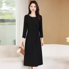 Primavera outono novo estilo redução de idade High-End em torno do pescoço frisado vestido de manga comprida feminino co