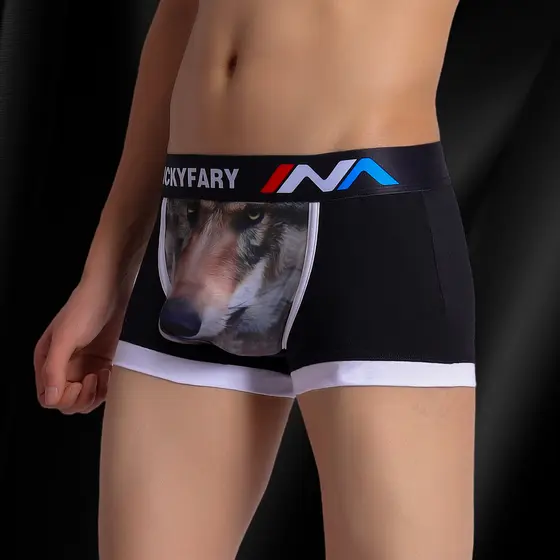 Cuecas masculinas modernas com design de cabeça de lobo, estilo fofo, shorts boxer de algodão, confortáveis e respirávei