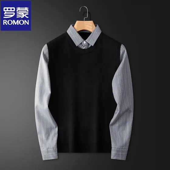 Lomon falso suéter de duas peças camisa masculina gola 2025 outono inverno novo estilo negócios Casual High-End malhas m