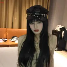 Boina Rebite Vintage Harajuku Y2K Menina Gótica Lolita Bla Couro Rosto Escuro Revelando Topo Plano Bonés VTSX