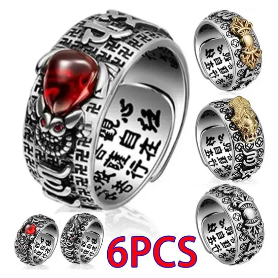 Conjunto de 6 peças de joias budistas femininas FULIN, anéis abertos Feng Shui BFRY