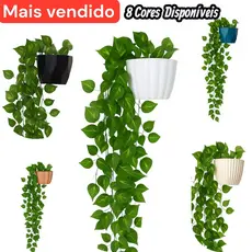Conjunto Vaso Estilo Cerâmica + Duas Plantas Penduradas Artificial Verde para Decoração de Parede