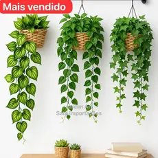 Arranjinho C/ 3 Trepadeira Folha De Hera + Vaso Trançado BEGE OFFWHITE