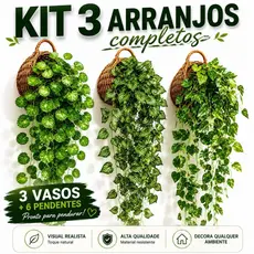 Kit 3 Vasos Decorativos Trançados com 6 Arranjos Pendentes Artificiais