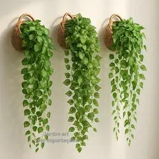 Planta Decorativa + Vaso Trançado Marrom 3 Pendentes Artificial Folhas de HERA JIBOIA MELANCIA