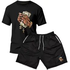 Kit Camiseta Masculina + Bermuda Masculina  Estampada Tactel Moda Praia MONEY MAO