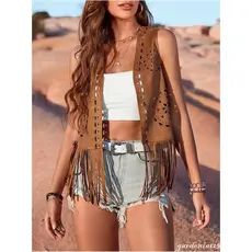 Colete feminino de camurça sintética com franjas, estilo casual, sem mangas, com abertura frontal, jaqueta estilo hippie