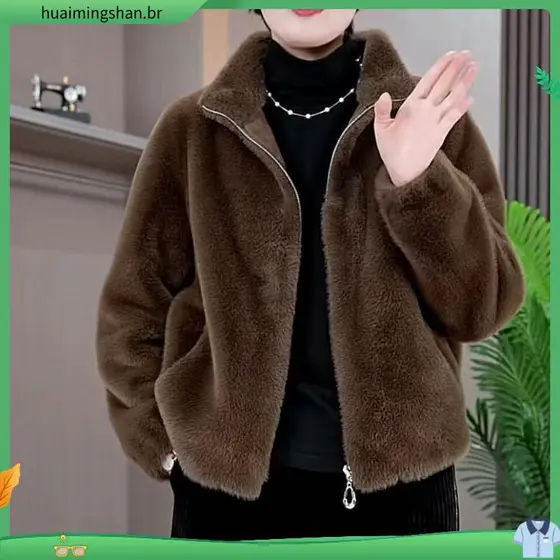 High-End moda cor sólida curto gola alta jaqueta inverno peludo Cardigan de uma peça elegante All-Match engrossado roupa