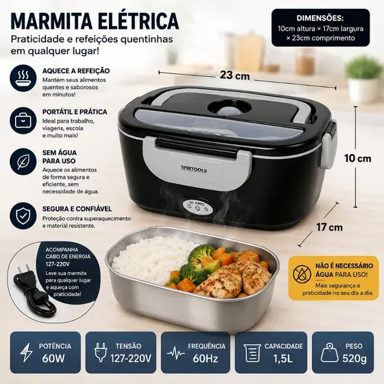 Marmita Elétrica AQUECER Termica Bivolt 1,5L 40W Preta Compacta 127-220v