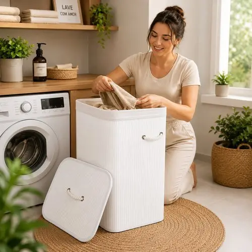 Cesto Organizador Roupas Bambu Tampa Alças Grande Branco Brinquedos Tecidos Sacolas