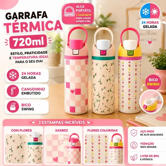 Garrafa Termica Portatil 720ml Com Alca Bebidas Quentes Frias Isolamento Duravel