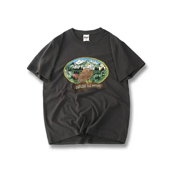Americano Retro impresso puro algodão de manga curta camiseta masculina verão na moda camisa de fundo comércio exterior