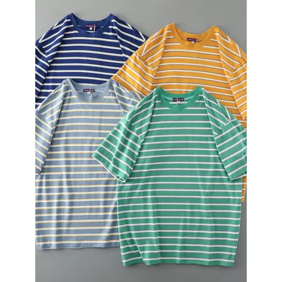 Americano Retro puro algodão listrado masculino verão de manga curta camiseta 2024 novo estilo na moda Street Wear comér