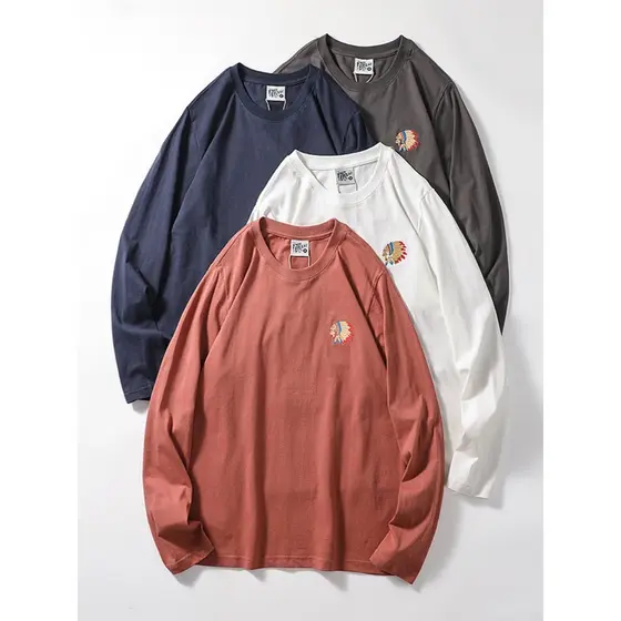 Americano Retro puro algodão escovado indústria pesada bordado camiseta masculina de manga comprida primavera outono Bot