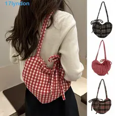 Bolsa de Ombro em Forma de Coração LYNDON, Bolsa de Mão com Estampa Xadrez Vermelha, Bolsa Leve de Grande Capacidade par