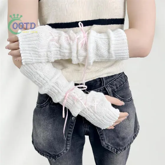 Moda Hoje Luvas Femininas Com Laço E Manga De Mão Meio Dedo , Mangas De Fita De Lã Tricotada Braço Estilo Balé Da .