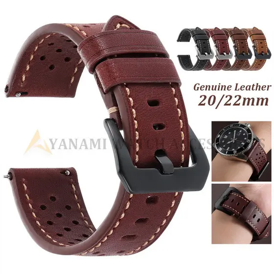 Pulseira De Couro Genuíno Respirável Porosa 20mm 22mm Universal Vintage Liberação Rápida Macia Masculina Feminina Substi