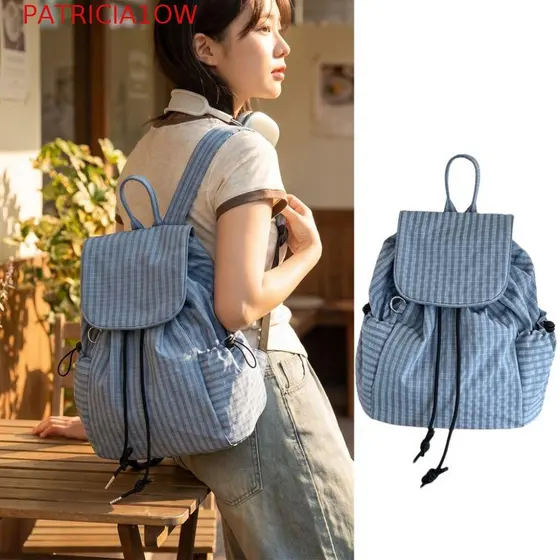 PATRICIA1OW Mochilas Com Cordão , De Lona Xadrez Coreana De Nylon , Mochila Escolar Casual Para Estudantes