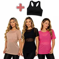 Kit Blusa Tule + Top Preto Academia Conjunto Treino Roupa Feminina Tule Transparente Leve Confortável Corrida Caminhada