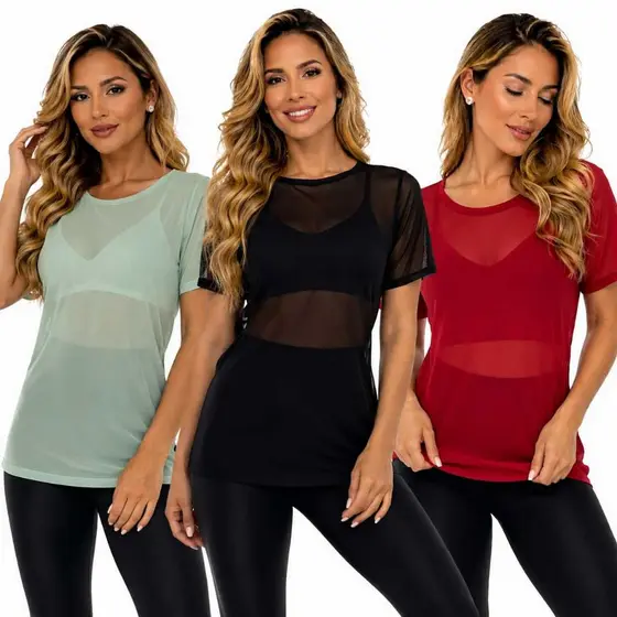 Blusa Academia Tule Transparente Roupa Feminina Treino Fitness Camiseta Leve Confortável Manga Curta
