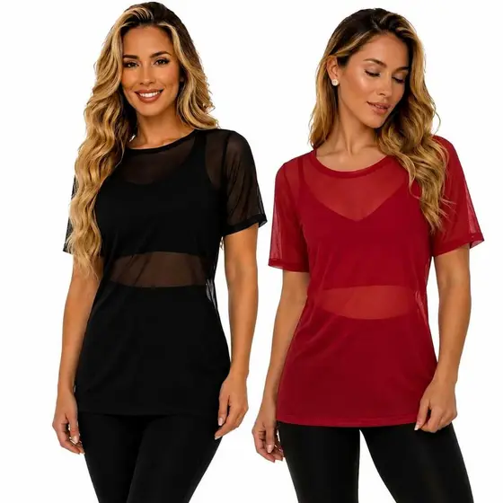 Kit 2 Blusas Academia Tule Transparente Roupa Fitness Feminina Leve Confortável Camiseta Treino Manga Curta