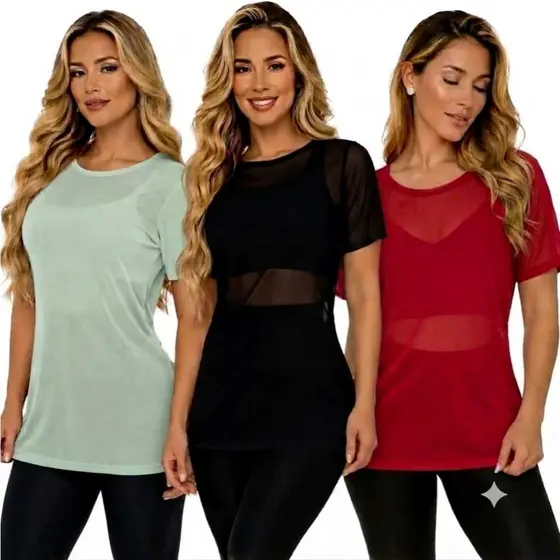 Kit 3 Blusas Tule Transparente Roupa Feminina Academia Treino Confortável Camiseta Leve Manga Curta Respirável Soltinho