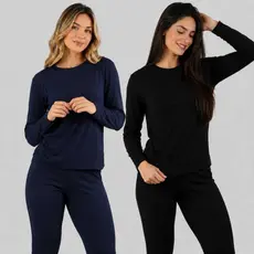Pijama Feminino Suede Canelado Confortável Blusa Manga Longa Calça Longa Preto Azul Marinho Moda Inverno