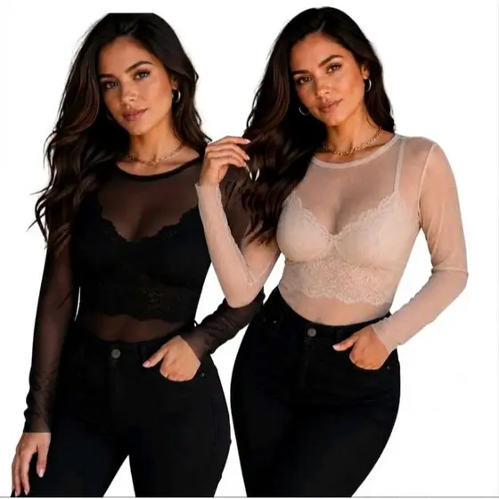 Kit 2 Blusas Tule Manga Longa Tendência 2026 Roupa Feminina Luxo Sem Sutiã Tecido Transparente Leve Confortável