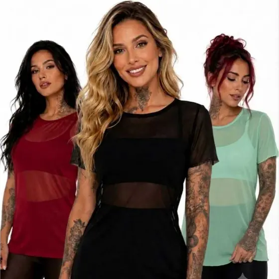 Kit 3 Blusas Feminina Tule Transparente Roupa Academia Treino Fitness Leve Confortável Camiseta Manga Curta Respirável