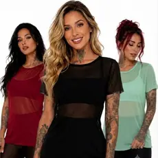 Kit 3 Blusas Feminina Tule Transparente Roupa Academia Treino Fitness Leve Confortável Camiseta Manga Curta Respirável