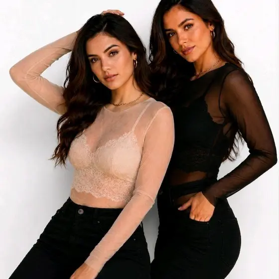 Blusas Tule Manga Longa Tendência 2026 Malha Transparente Gola Redonda Corte Laser Roupa Feminina Luxo Sem Sutiã