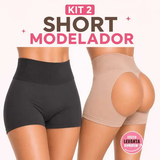 Kit 2 Short Lipo Levanta Bumbum Modelador Zero Barriga Efeito Silicone Confortável Reduz Medidas Com Recorte Sem Bojo