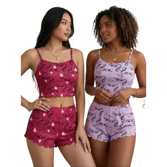 Kit 2 Baby Doll Pijama Estampado Love Short de Dormir Roupa Feminina Confortável Linha Noite Suede Fresquinho
