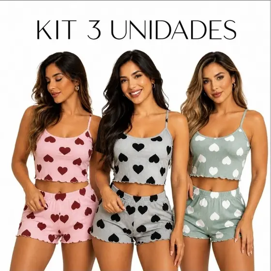Kit 3 Baby Doll Pijama Estampado Coração Roupa de Dormir Feminina Linha Noite Suede Fresquinho Confortável