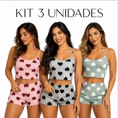 Kit 3 Baby Doll Pijama Estampado Coração Roupa de Dormir Feminina Linha Noite Suede Fresquinho Confortável