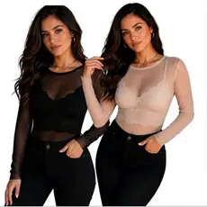 Kit 2 Blusas Tule Manga Longa Tendência 2026 Malha Transparente Gola Redonda Corte Laser Roupa Feminina Luxo Sem Sutiã
