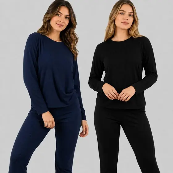 Kit 2 Pijamas Feminino Suede Confortável Calça Comprida Blusa de Frio Adulto Moda Inverno Conjunto de Dormir