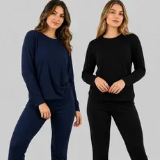 Kit 2 Pijamas Feminino Suede Confortável Calça Comprida Blusa de Frio Adulto Moda Inverno Conjunto de Dormir