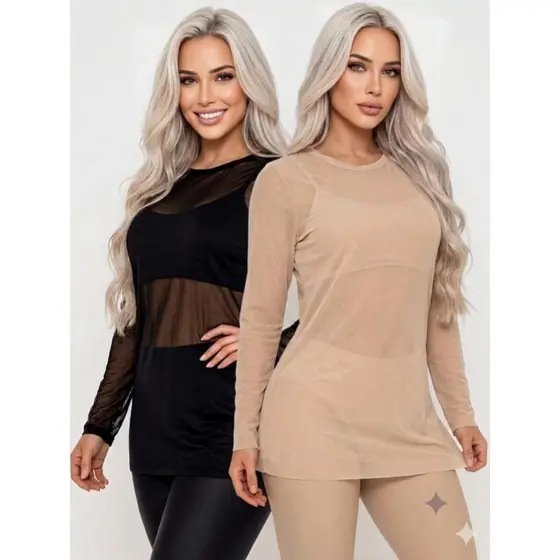 Kit 2 Blusas Tule Manga Longa Transparente Roupa Feminina Academia Treino Fitness Tecido Leve Soltinho Confortável