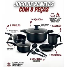 Jogo de panelas com 8 peças - Antiaderente - Preto ou Cereja