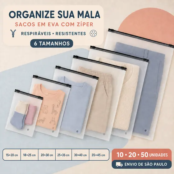 Saco Transparente Fosco Zip 35x45 com 10/20/50 Unidades Zíper Lock para roupa íntima incolor