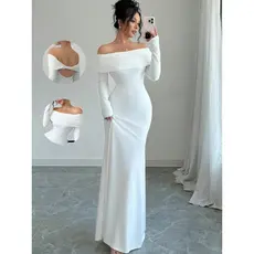 Vestido Longo de Festa Elegante e Justo com Ombros Descidos e Pregas para Mulheres na Primavera