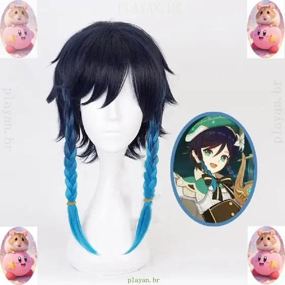 GUOJH Jogo Genshin Impacto Venti Gradiente Azul Cosplay Peruca Trançada Cabelo Sintético.